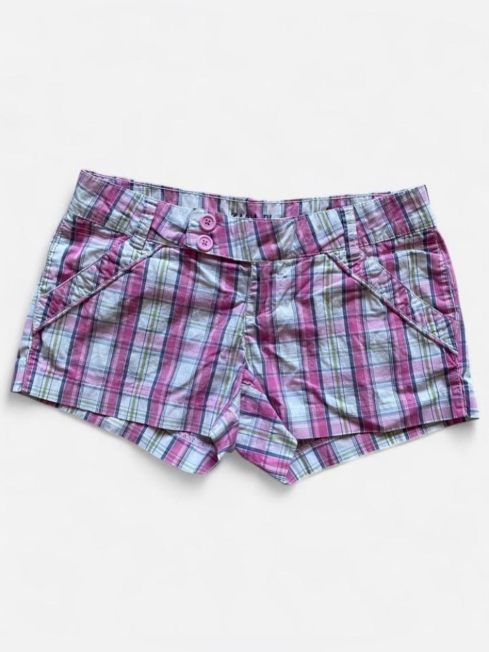 Y2k Zana Di Pink Green & Blue Plaid Lowrise Micro Mini Shorts with Buttons